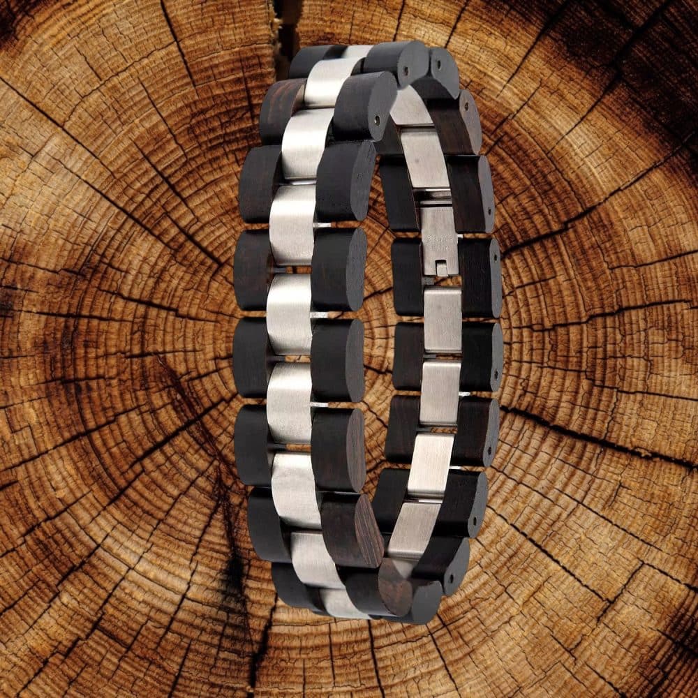 Heren houten armband van ebbenhout en roestvrij staal – Minuet