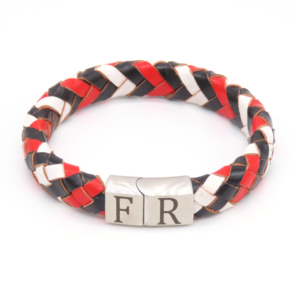 Leren armband zwart-wit-rood met zilver sluiting ‘FR’-gravure (geïnspireerd op clubkleuren) - Afbeelding 3